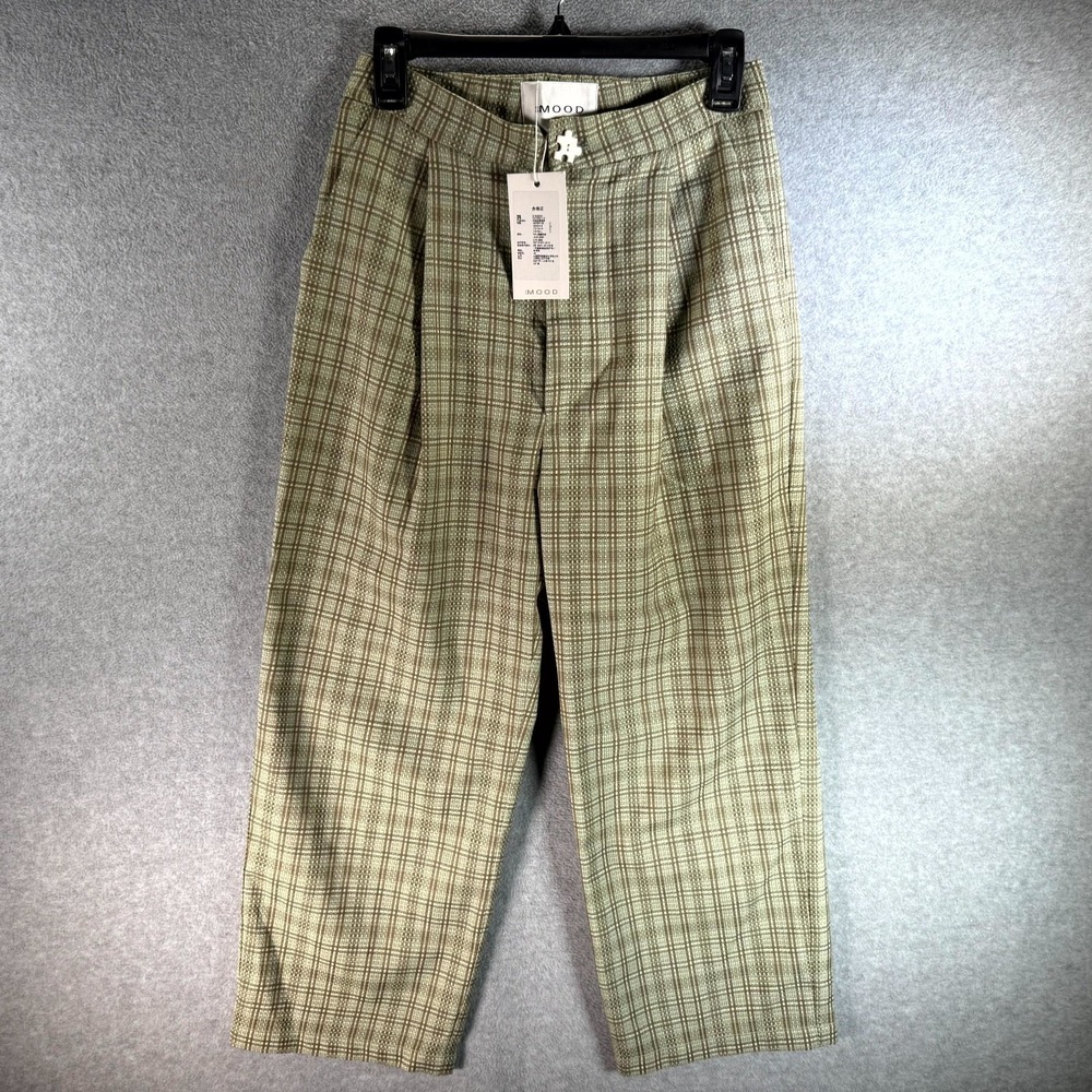 310Mood Trousers Women Small Green Plaid Pleated Front Straight Leg Slash Pocket